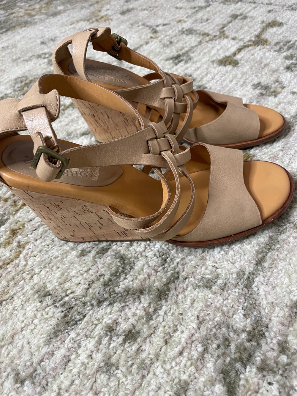 Kork-Ease Beige/Tan Cork Wedge Sandals - Strappy Open Toe size 10